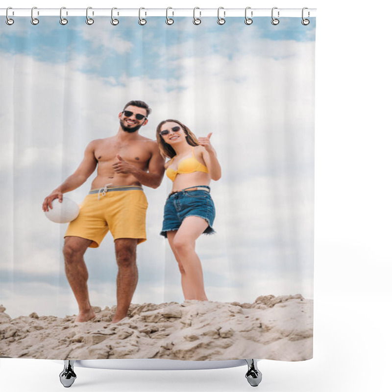 Personality  Beautiful Young Couple With Volleyball Ball Showing Thumbs Up In Front Of Cloudy Sky Shower Curtains