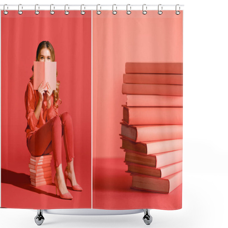 Personality  Collage With Living Coral Books And Young Woman Reading Book. Pantone Color Of The Year 2019 Concept Shower Curtains