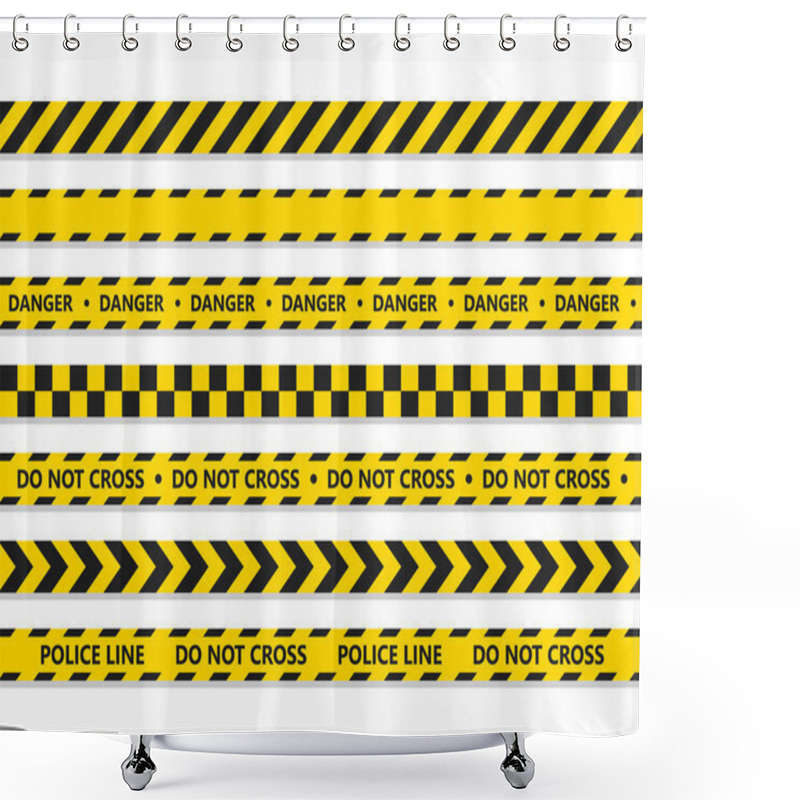 Personality  Crime Line Tape. Police Danger Caution Vector Yellow Barrier. Not Cross Security Line Shower Curtains