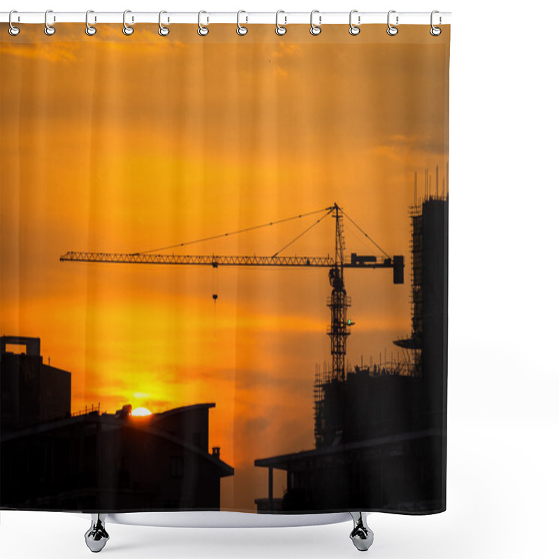 Personality  Industrial Construction Cranes And Building Silhouettes With Sun Shower Curtains