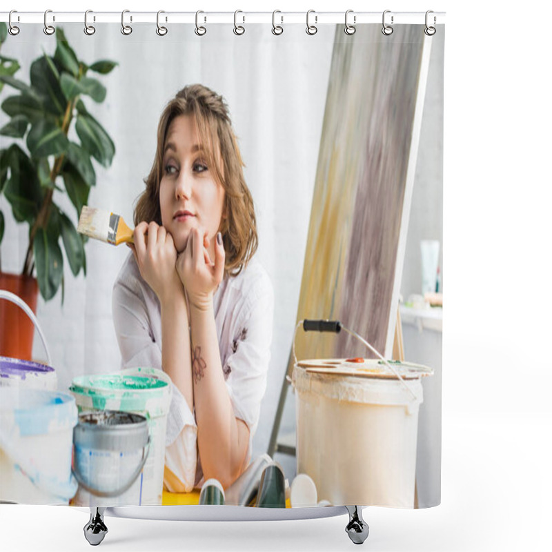 Personality  Young Inspired Girl Dreaming With Brushes In Hands In Light Studio Shower Curtains