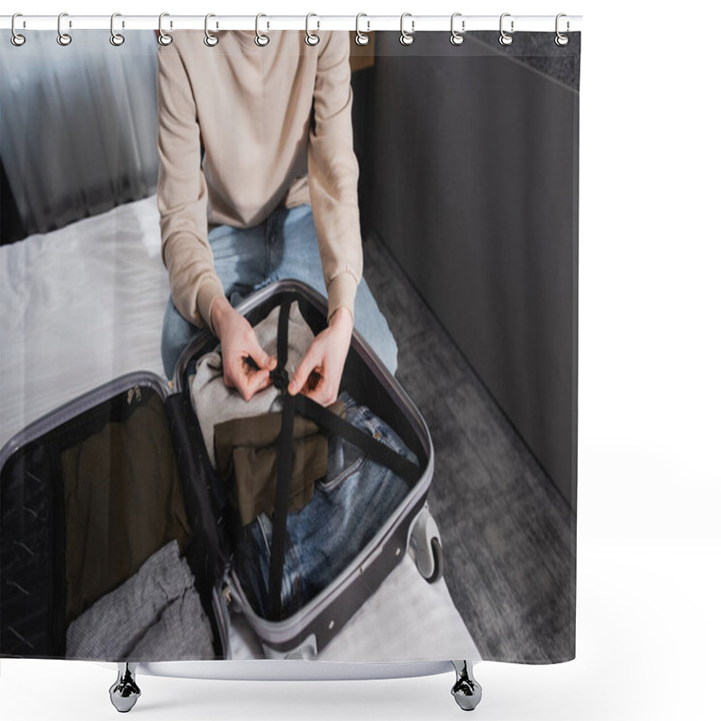 Personality  Cropped View Of Man Unlocking Suitcase On Bed In Hotel  Shower Curtains