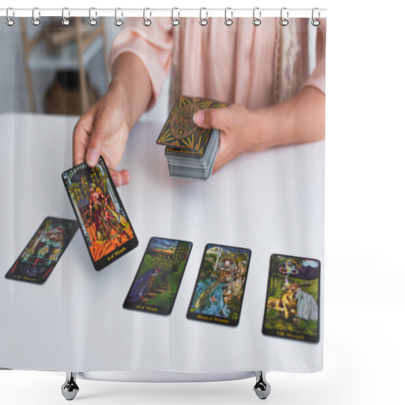 Personality  KYIV, UKRAINE - JUNE 29, 2022: Partial View Of Woman Predicting On Tarot Cards At Home Shower Curtains