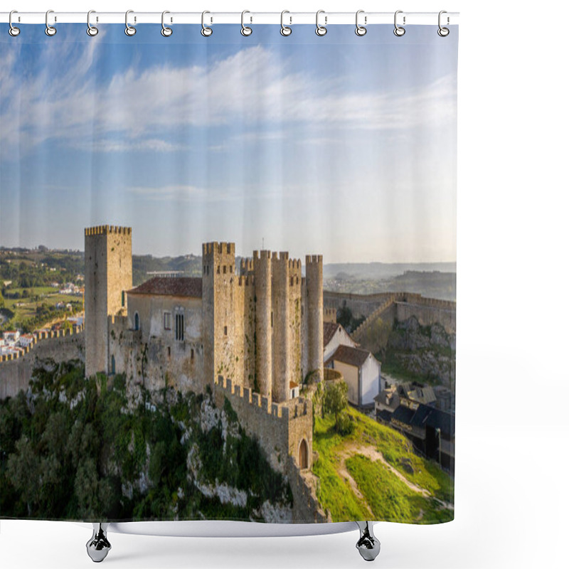 Personality  Aerial Drone View Over Obidos Medieval Castle, In Obidos Village, Portugal. Sunset Golden Hour. Shower Curtains