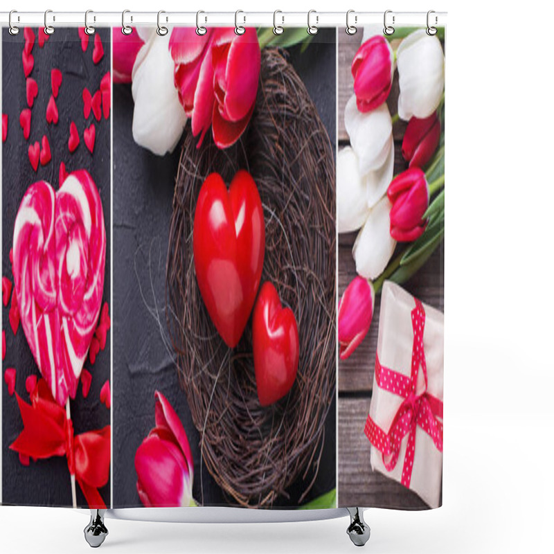 Personality  Collage From St. Valentine Day Photos. Decorative Red Little Hearts  In Nest, Bright  Spring  Tulips Flowers, Box With Present  On Textured Background. Wedding Or Valentine Day Site Header. Shower Curtains