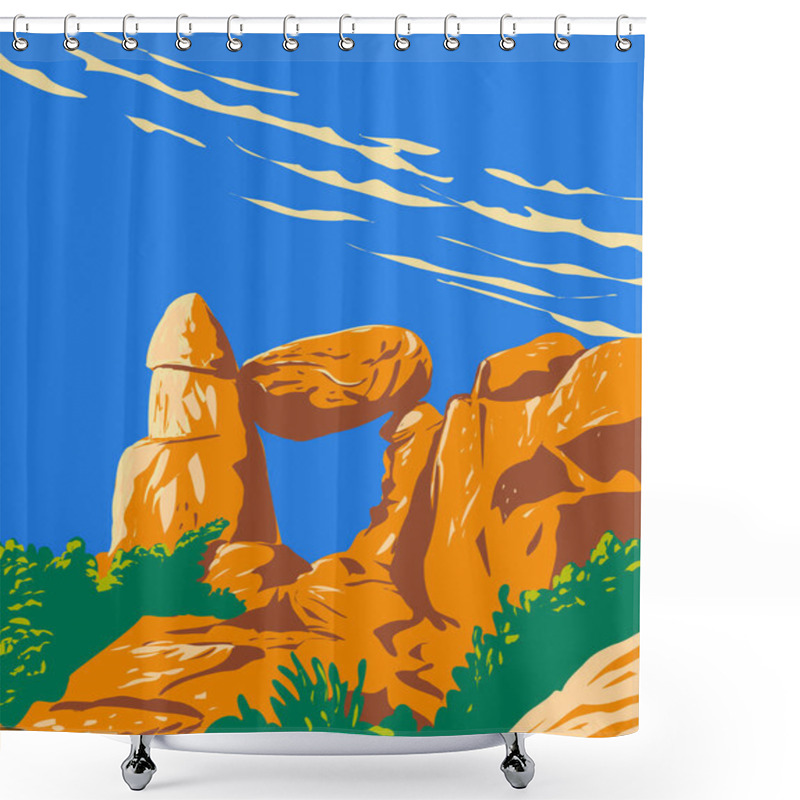 Personality  WPA Poster Art Of Balanced Rock Located Near Big Bend National Park, Texas, United Sates Of America Done In Works Project Administration Style. Shower Curtains