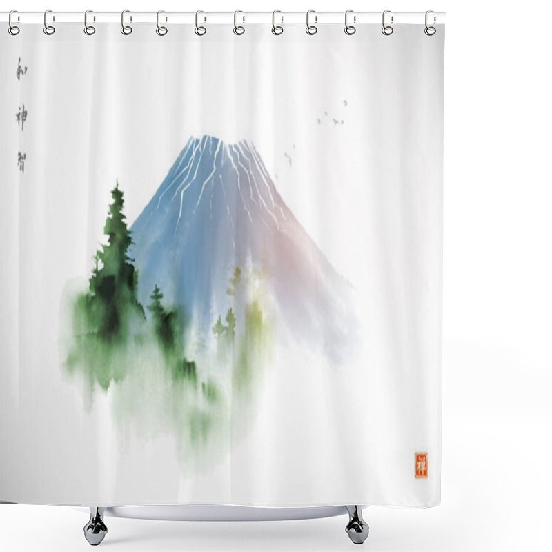 Personality  Ink Wash Painting Of A Blue Misty Fuji Mountain With Pine Trees. Traditional Japanese Ink Wash Painting Sumi-e. Hieroglyphs - Harmony, Spirit, Wisdom, Well-being. Shower Curtains