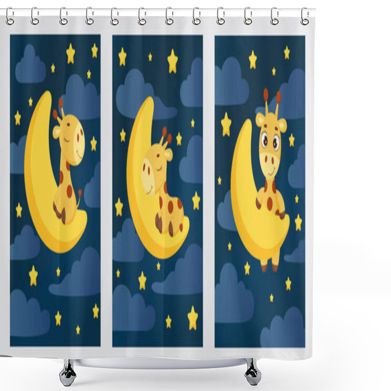 Personality  Cute Little Giraffe Sleeping On Moon In Night Sky Set Card Template. Cartoon Character For Kids Room Decoration, Nursery Art, Birthday Party, Baby Shower. Bright Colored Stock Vector Illustration Shower Curtains