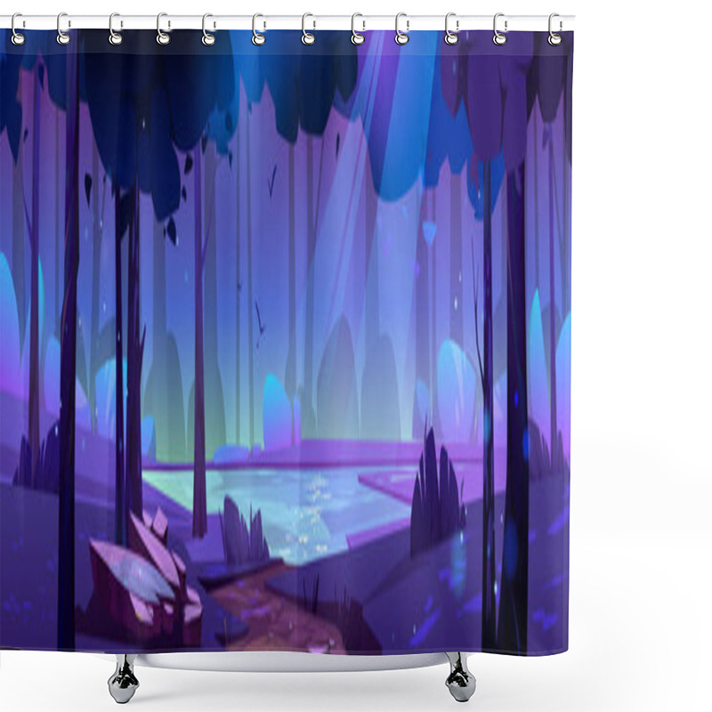 Personality  Summer Forest Landscape With Lake And Path In Moonlight. Vector Cartoon Illustration Of Night Nature Scene With Pond On Glade, Grass, Trees And Bushes On Shore Shower Curtains