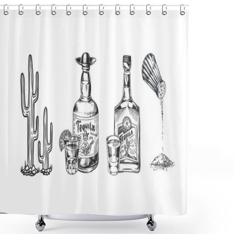 Personality  Shot Of Tequila And Glass Bottle, Salt And Cactus. Retro Poster Or Banner. Engraved Hand Drawn Vintage Sketch. Woodcut Vector Illustration. Shower Curtains