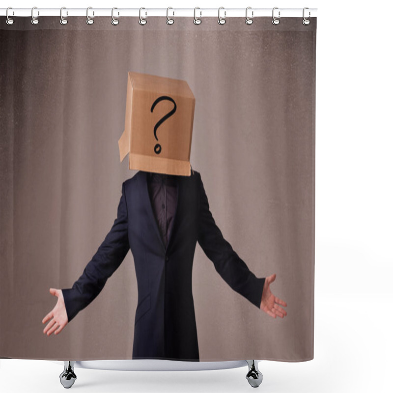 Personality  Young Man Gesturing With A Cardboard Box On His Head With Questi Shower Curtains