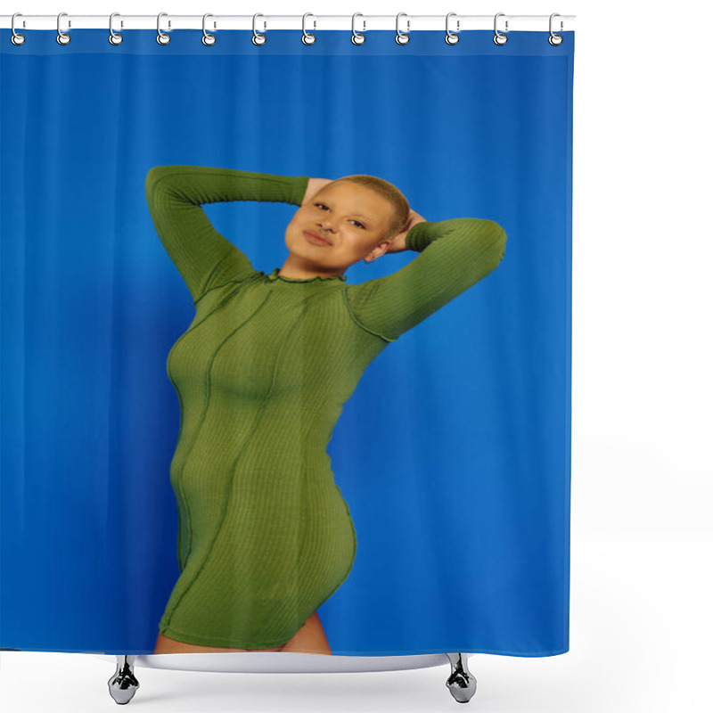 Personality  A Young Woman In A Green Dress Poses Elegantly With Her Arms Raised, Radiating Confidence. Shower Curtains