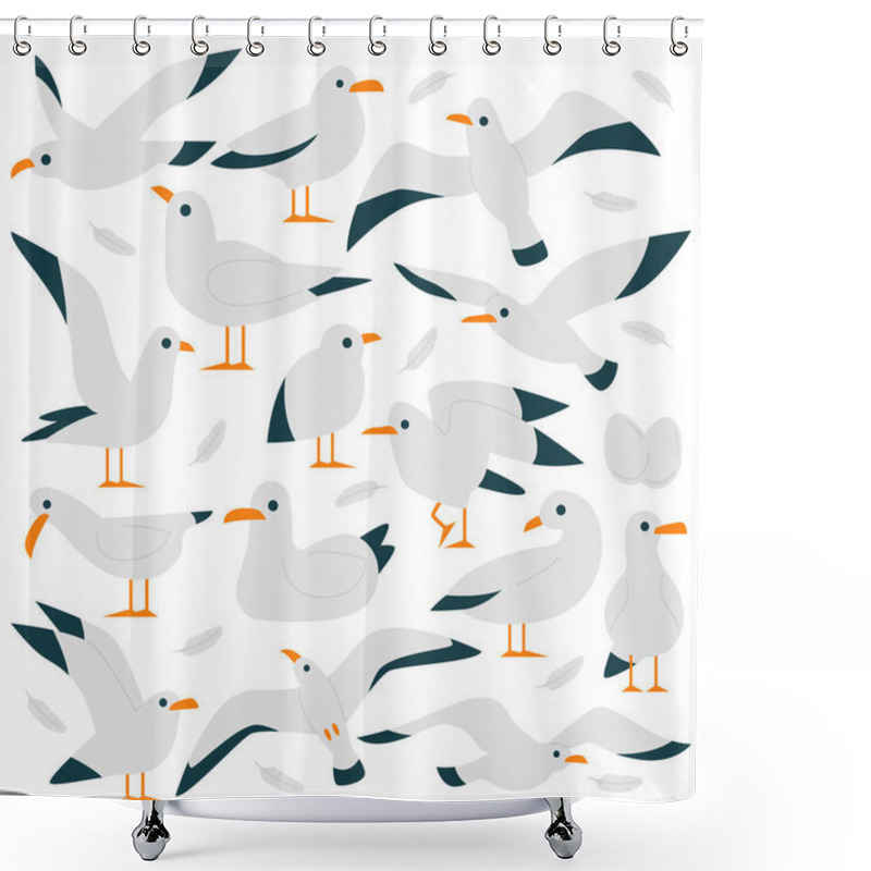 Personality  Seagull Birds Flat Icons Set. Cute Cartoon Wild Birds With Short Legs, Long Wings, And White And Grey Feathers. Leaving Near Sea. Seabirds. Color Isolated Illustrations Shower Curtains