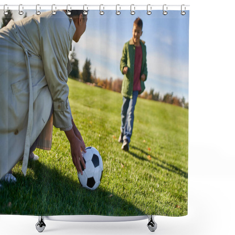 Personality  Happy African American Woman With Football, Mother Looking At Son, Blurred Background, Green Field Shower Curtains