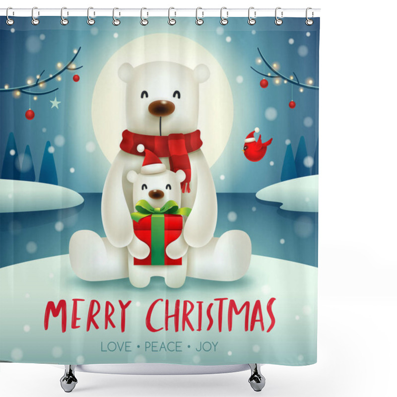 Personality  Polar Bear And Baby Cub Under The Moonlight In Christmas Snow Scene. Shower Curtains