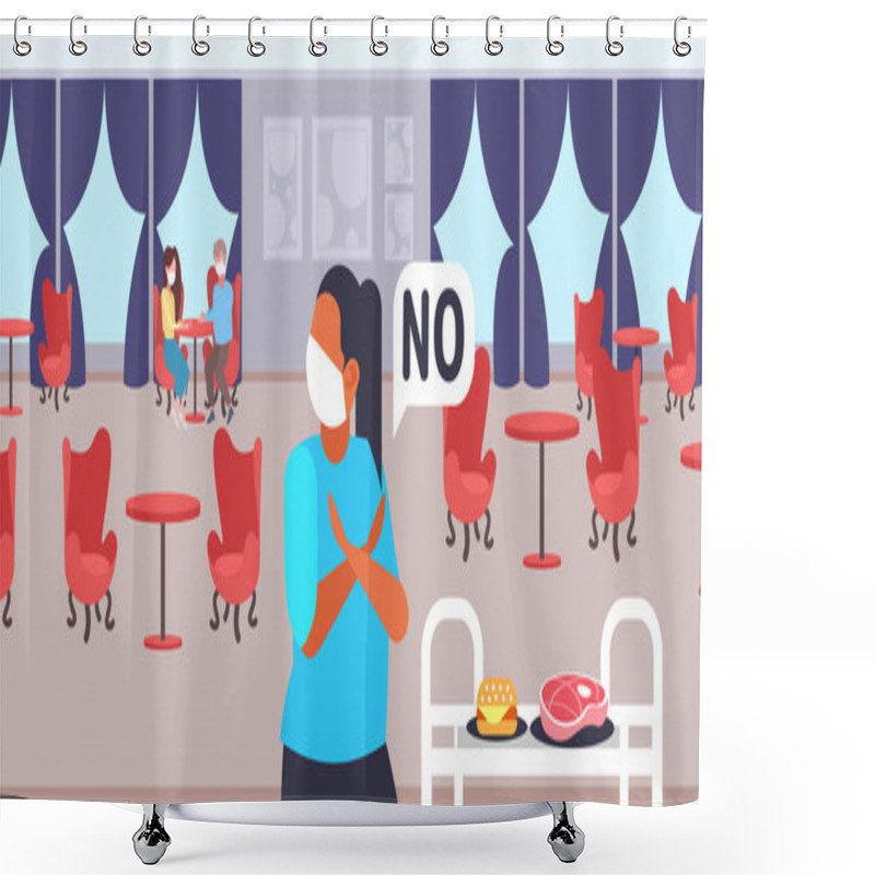 Personality  Woman In Mask Doing Cross Arms Say No To Meat And Burger To Prevent Coronavirus Epidemic MERS-CoV Virus Wuhan 2019-nCoV Pandemic Health Risk Concept Restaurant Interior Portrait Horizontal Shower Curtains