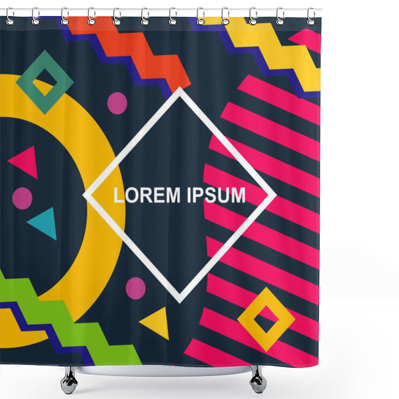 Personality  Abstract Background Square Card With Various Geometric Shapes Ornaments And Text Space. Square Wallpaper With Geometric Memphis Style. Shower Curtains