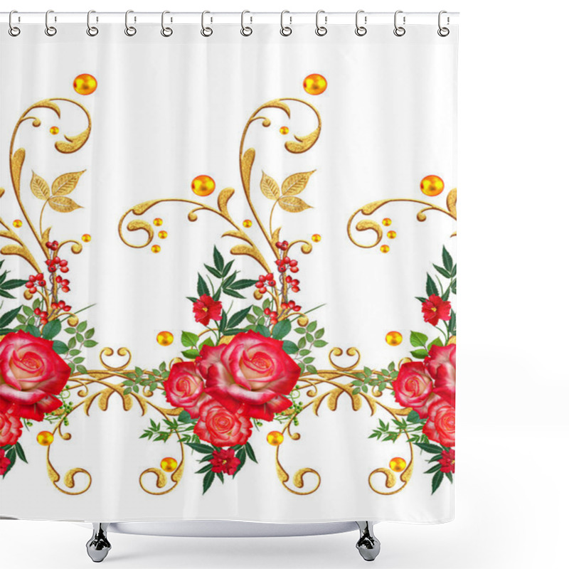 Personality  Seamless Pattern. Decorative Ornament, Paisley Element, Delicate Textured Leaves Made Of Fine Lace And Pearls. Jeweled Shiny Curls, Red Roses, Stylish Yellow Flowers. Openwork Weaving Delicate. Shower Curtains