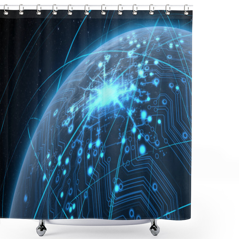 Personality  Planet With Illuminated Network And Light Trails Shower Curtains