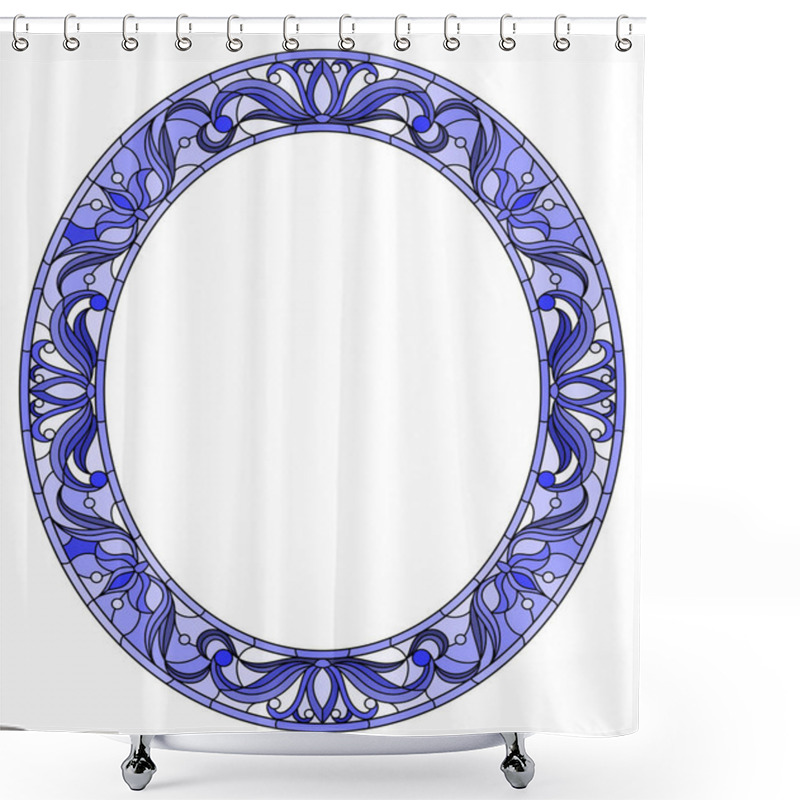 Personality  Illustration In Stained Glass Style Flower Frame,blue Flowers And Leaves On A White Background, Oval Image Shower Curtains