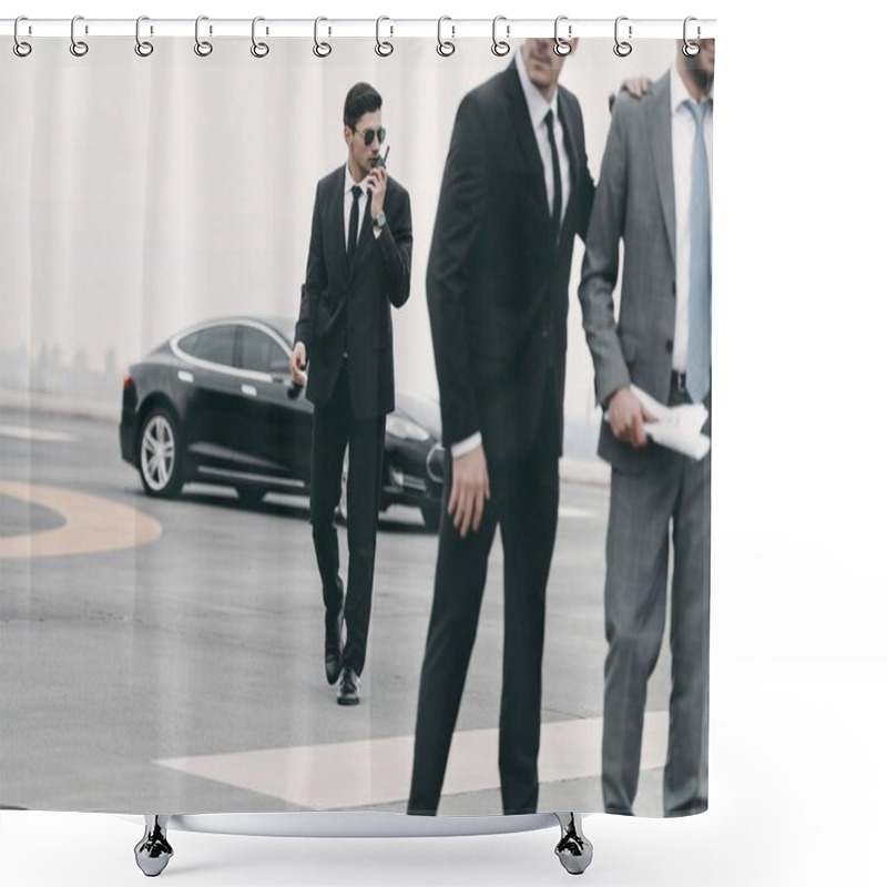 Personality  Cropped Image Of Bodyguard Talking By Portable Radio  Shower Curtains