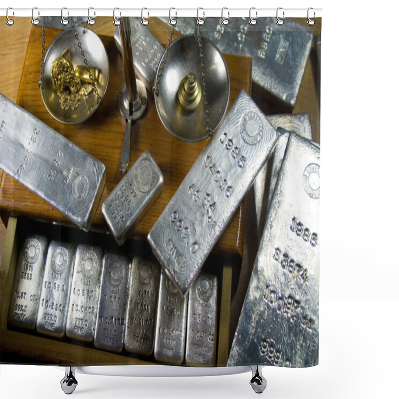 Personality  Homestake Mining Company Silver Bullion Bars. Now Closed Mine Located At Lead, South Dakota - Black Hills, USA. Gold Bar And Raw Nuggets On Antique Balance Scale. Shower Curtains