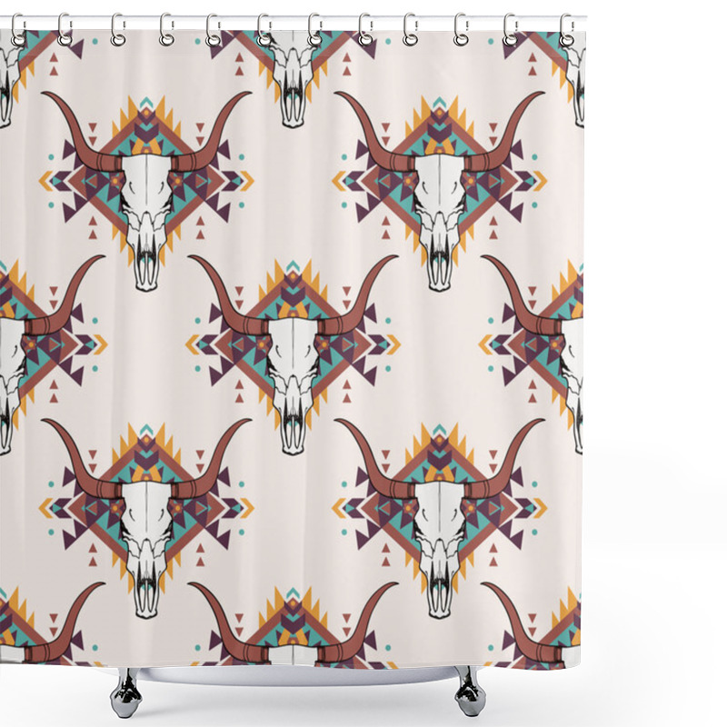 Personality  Vector Tribal Seamless Pattern With Bull Skull And Decorative Ethnic Ornament. Boho Style. American Indian Motifs. Shower Curtains