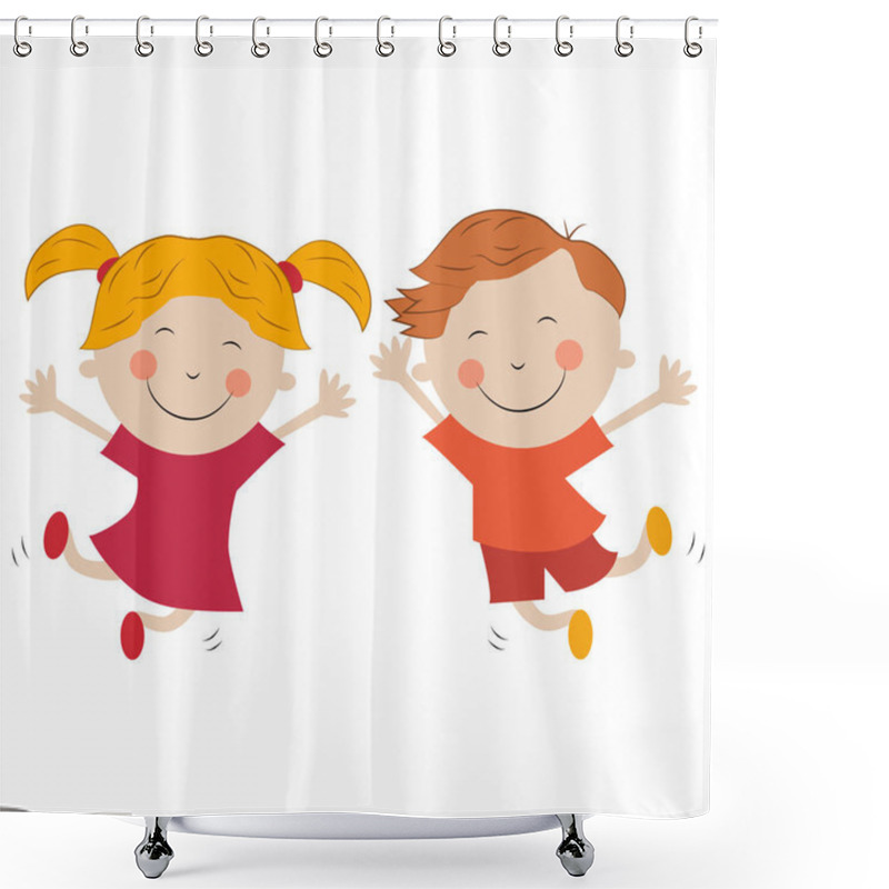 Personality  Boy And Girl Jumping For Joy Isolated On White Background Shower Curtains