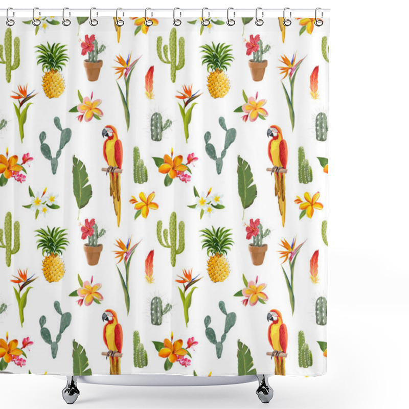 Personality  Tropical Background. Parrot Bird. Cactus Background. Tropical Flowers. Seamless Pattern. Vector Shower Curtains