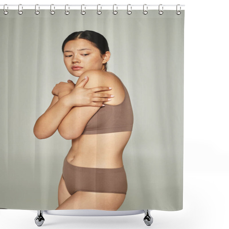 Personality  Shy Asian Woman In Underwear Covering Body While Embracing Herself On Grey Background, Body Shaming Shower Curtains