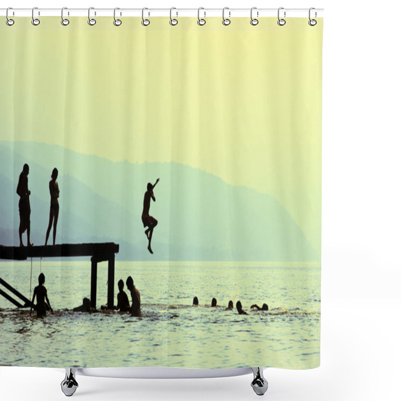 Personality  Silhouettes Of Kids Who Jump Off Dock On The Lake Shower Curtains