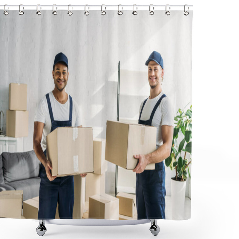 Personality  Cheerful Multiethnic Movers In Caps And Uniform Carrying Boxes In Apartment  Shower Curtains