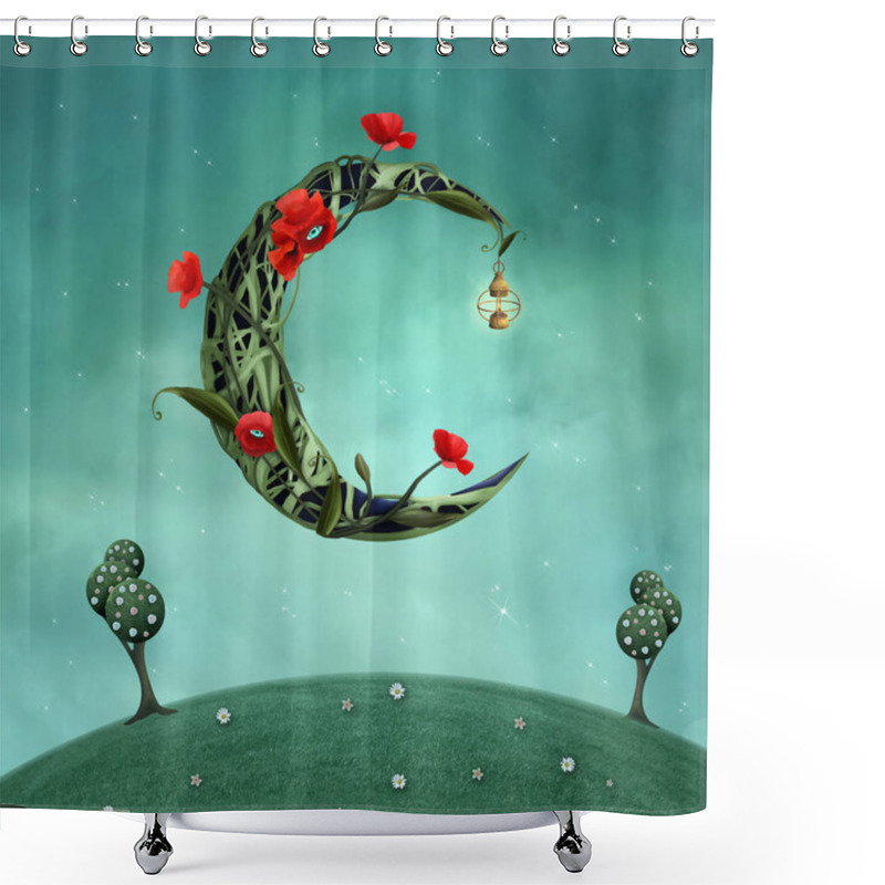 Personality  Fantasy Moon Landscape Over A Grassy Hill In A Summer Night  3D Mixed Media Illustration Shower Curtains