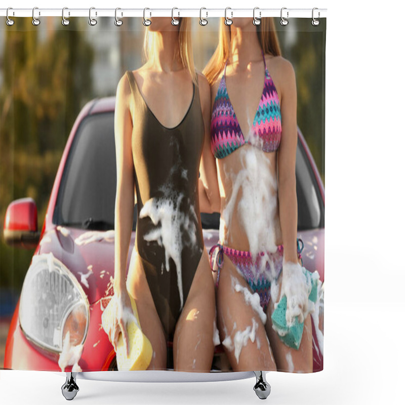 Personality  Young Women In Swimsuits With Sponges Near Car Outdoors, Closeup Shower Curtains