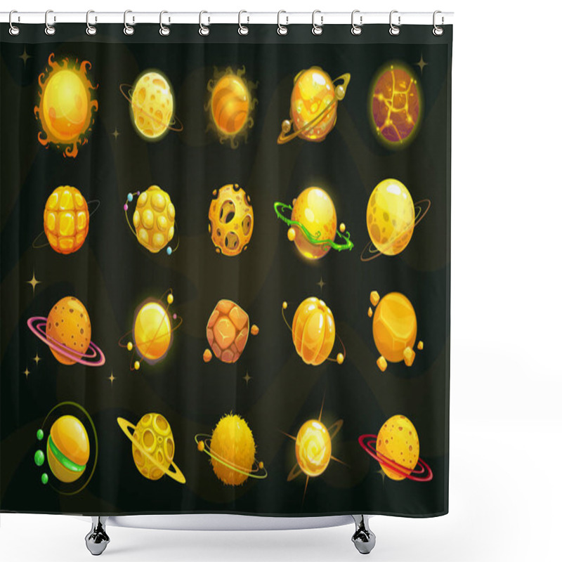 Personality  Cartoon Yellow And Orange Planets Set. Funny Fantasy Planet On Cosmic Background. Shower Curtains