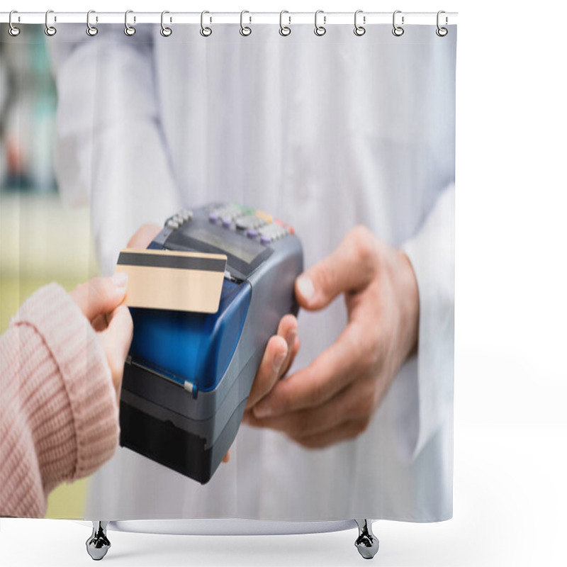 Personality  Partial View Of Pharmacist Holding Payment Terminal While Customer Paying By Credit Card In Drugstore Shower Curtains