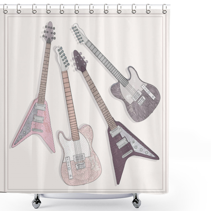 Personality  Electric And Bass Guitars Set. Cute Guitars With Floral Pattern. Shower Curtains