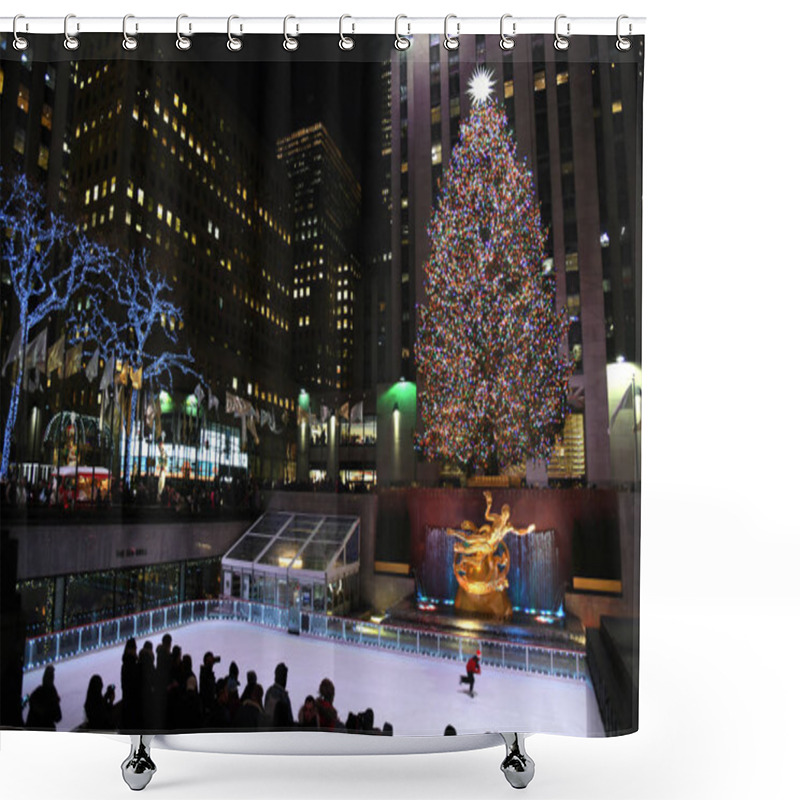 Personality  NEW YORK - DECEMBER 4, 2018: A Brightly Illuminated Rockefeller Plaza With A Christmas Tree. The Ice Skating Rink Filled With Tourists Skating On December 4, At NYC, NY Shower Curtains