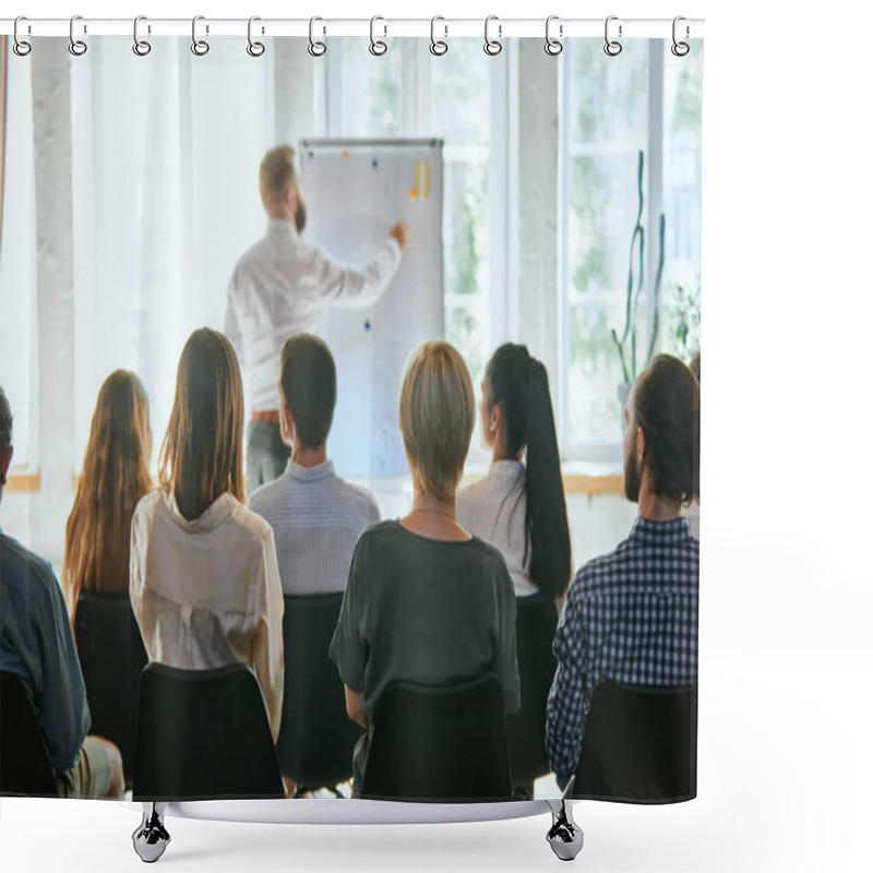 Personality  Female Speaker Giving A Talk At Business Meeting. Audience In Conference Hall. Concept Of Conference, Training, Planning, Learning, Coaching, Business. Panoramic Composition Suitable For Banners. Shower Curtains