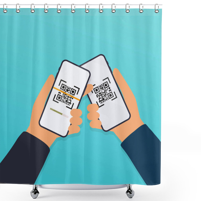 Personality  Flat Design Illustration Of Hands Holding Smartphones And Scanning QR Codes. Shower Curtains