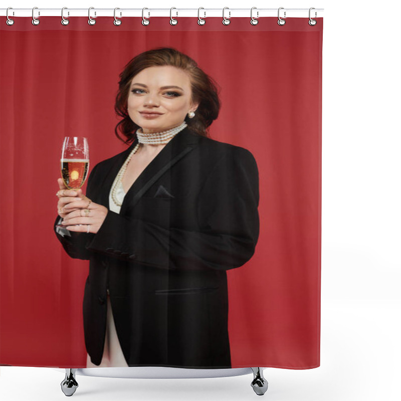 Personality  Dressed Beautifully In Formal Attire, A Young Woman Raises Her Champagne Glass In Celebration. Shower Curtains