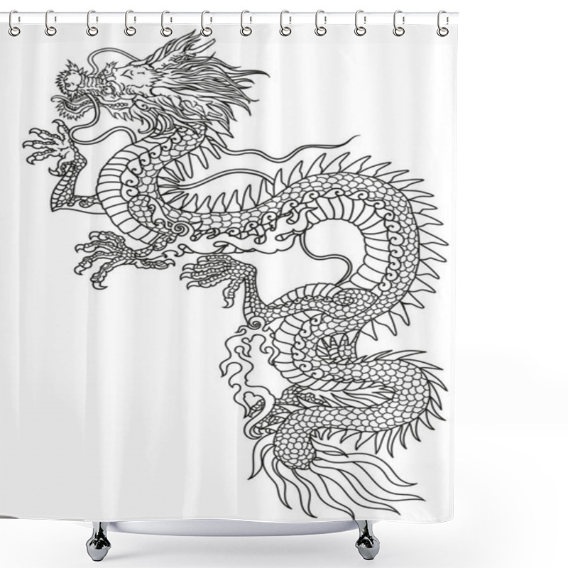 Personality  Chinese Or Eastern Dragon . Traditional Mythological Creature Of East Asia. Tattoo.Celestial Feng Shui Animal. Side View. Graphic Line Art. Isolated Vector Illustration Shower Curtains