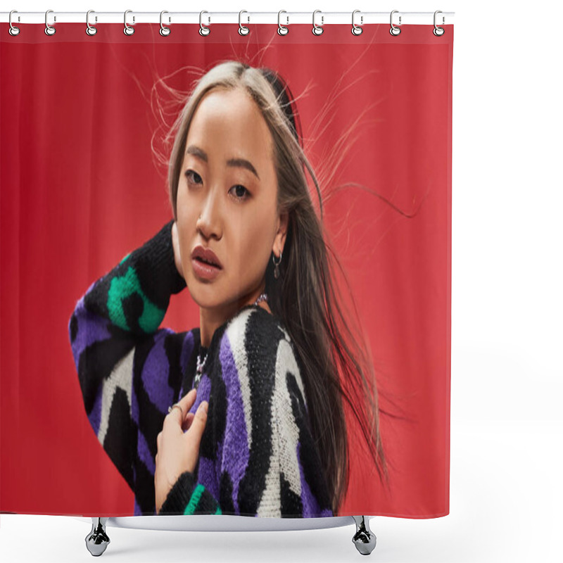 Personality  Wind Blowing At Face Of Alluring Young Asian Woman With Dyed Hair In Sweater With Animal Print Shower Curtains