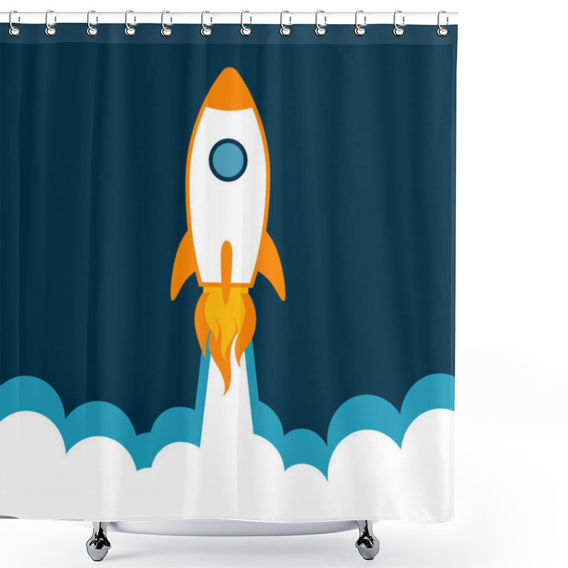 Personality  Rocket Flying Over Cloud. Rocket Launch Icon. Vector Illustration With Flying Shuttle. Space Travel. Space Rocket Launch. New Project Start Up Concept. Creative Idea. Vector Shower Curtains