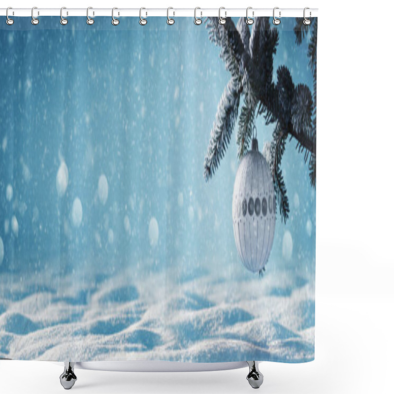 Personality  White Christmas Ball Hanging On A Fir Branch And Wintry Landscape With Snow In The Background, Copy Space Shower Curtains