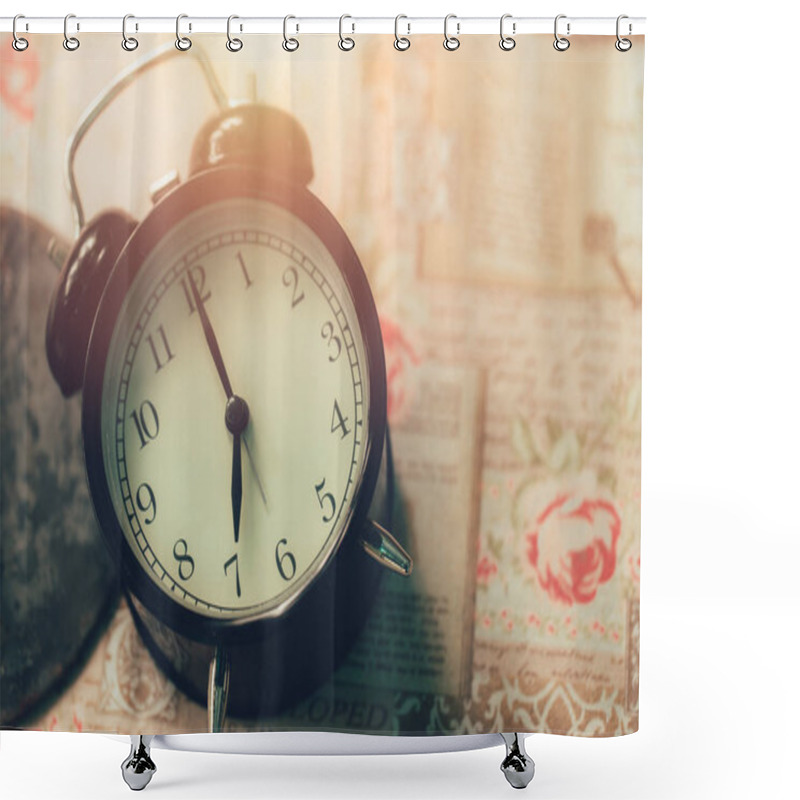 Personality  Romantic Clock On Table Time At 7 O'clock In The Morning With Sunlight Vintage Color And Space For Text Shower Curtains