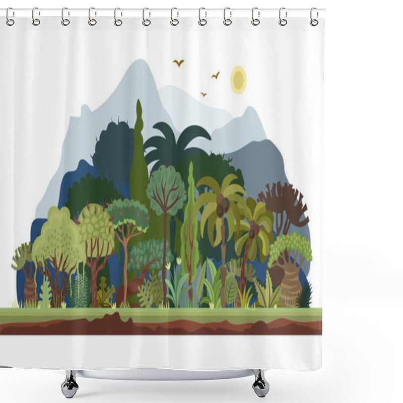 Personality  Vector Tropical Rainforest Landscape With Palms And Other Tropical Trees. Tropical Forest Panoramic Illustration. Flat Vector Design Of Tropical Forest Landscape In Light Green Summer Colors Shower Curtains