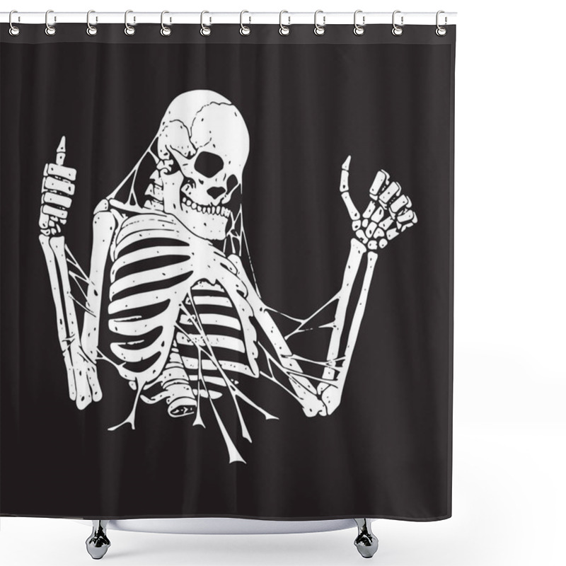 Personality  Positive Skeleton In The Web. Abstract Illustration In Black And White Style.  Shower Curtains