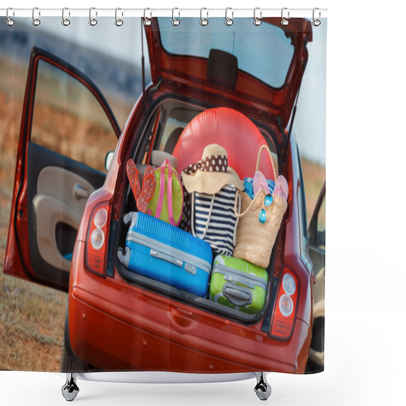 Personality  Suitcases And Bags In Trunk Of Car Ready To Depart For Holidays Shower Curtains