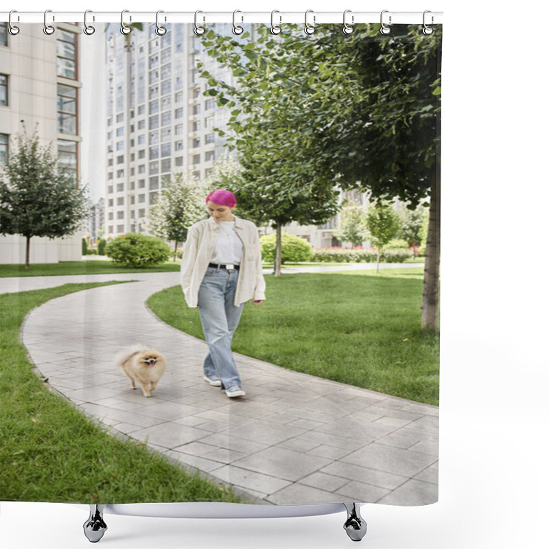 Personality  Full Length Of Stylish Purple-haired Woman Walking With Pomeranian Spitz On Urban Street, City Life Shower Curtains